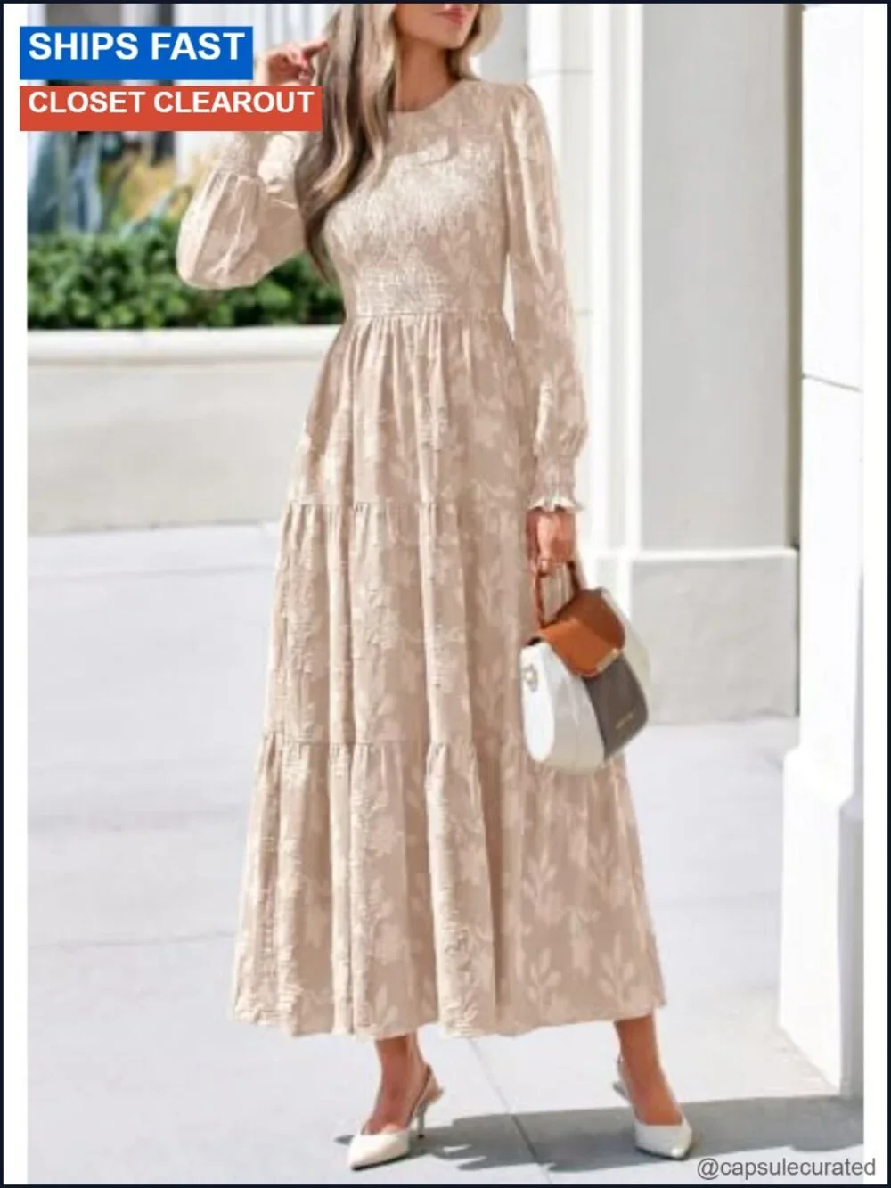 Floral Jacquard Midi Dress Long Lantern Sleeve Formal Wedding Guest